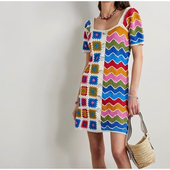 FARM Rio Crochet Dress Colorful Granny Square Knit Button Down Boho Size XL - Picture 1 of 13